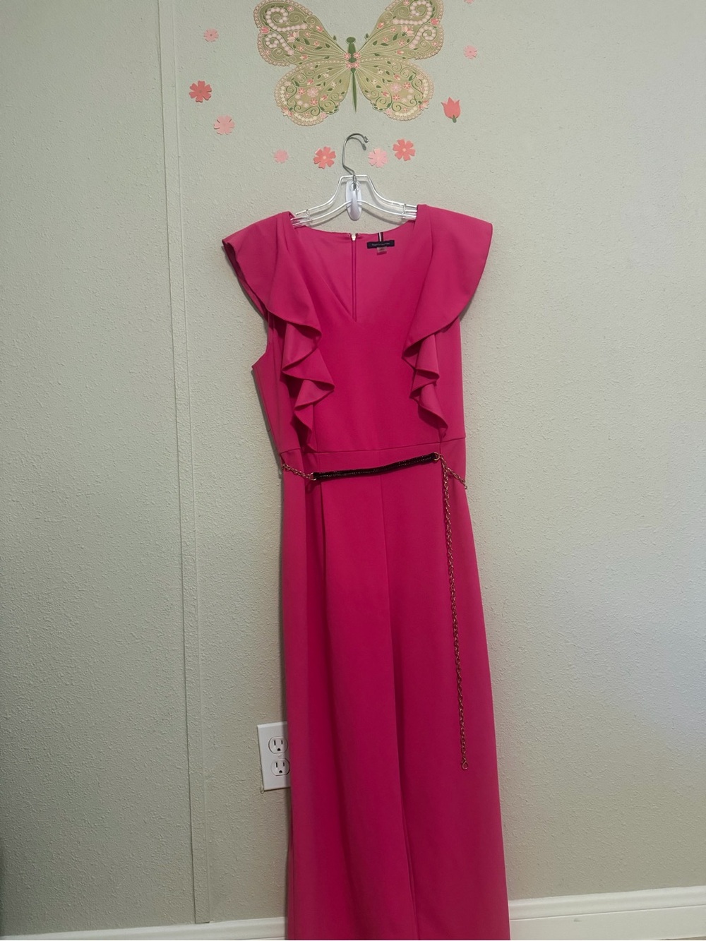 Tommy Hilfiger Hot Pink Ruffle Maxi Dress with Chain Detail